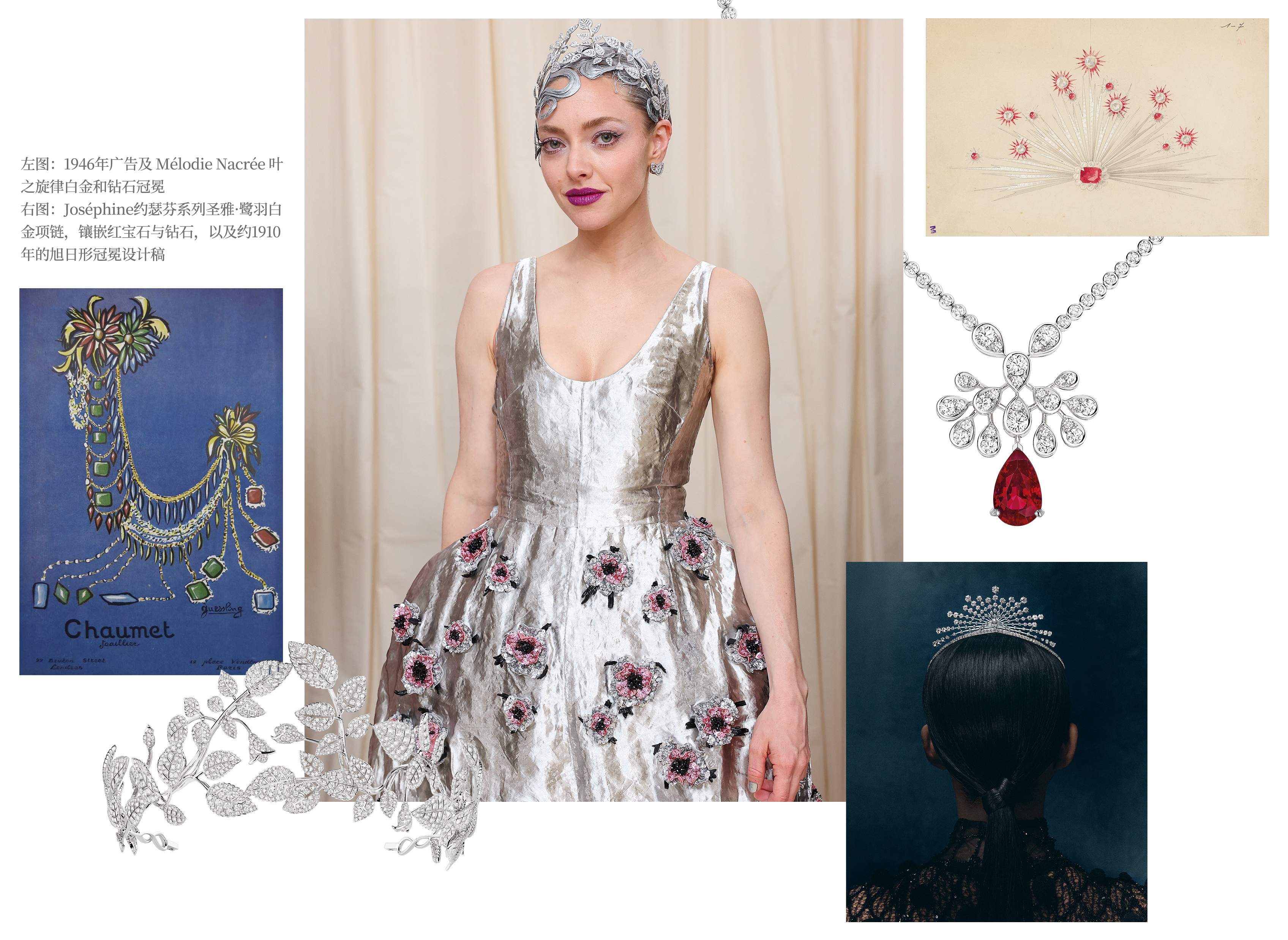 Image cluster. Left: a 1946 advertisement and a white-gold and diamond Mélodie Nacrée tiara. Right: white-gold, ruby and diamond Joséphine Aigrette Impériale necklace & a c1910 design for a sunburst tiara.